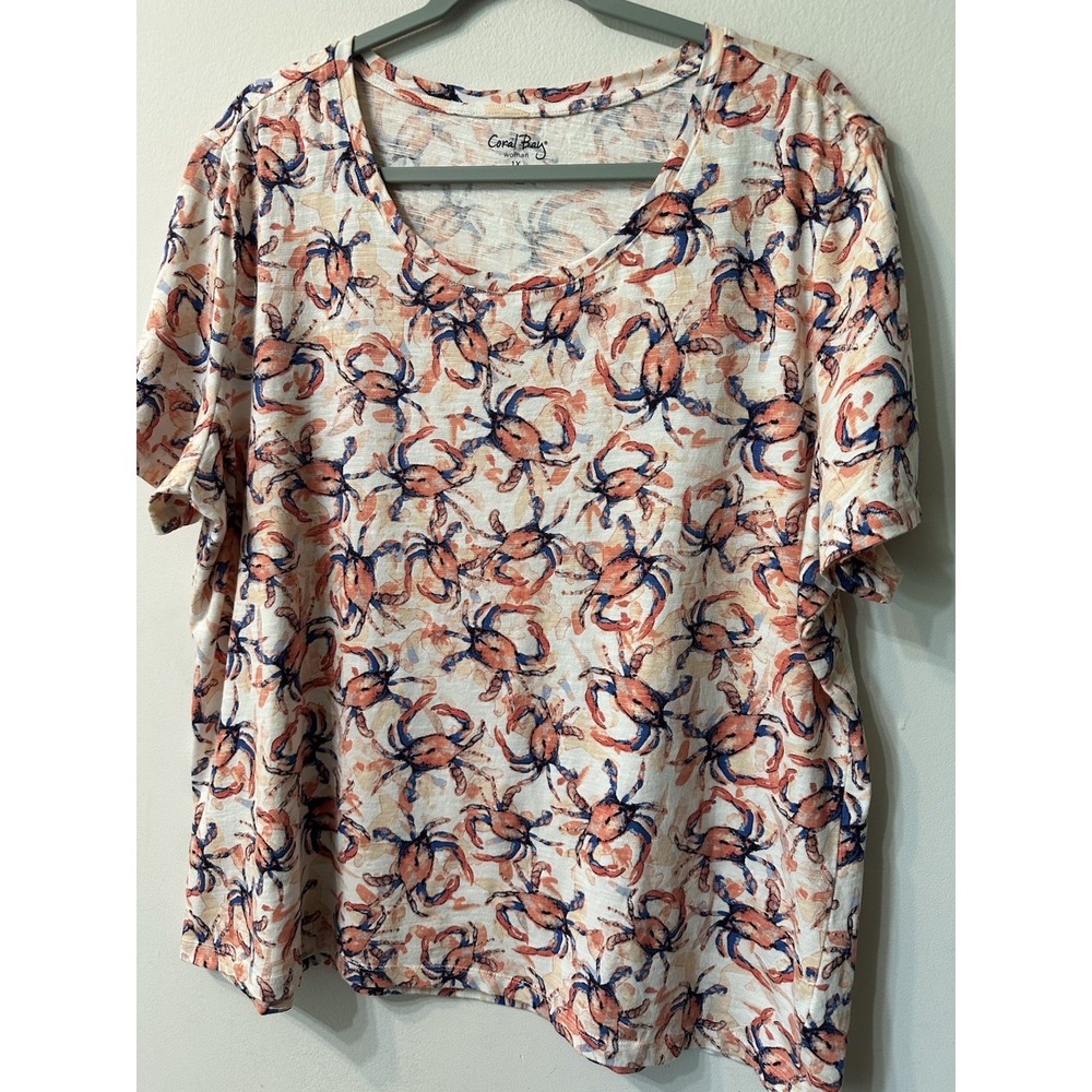 Coral Bay Woman 1X T Shirt Top Short Sleeve 100% Cotton Crab Nautical Coastal